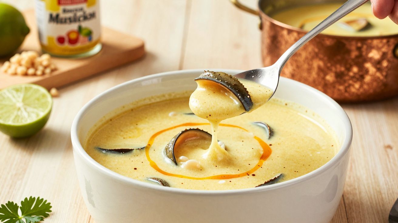 Sopa cremosa de milho num prato branco com colher, decorada com fatias de pimento e um toque de óleo.