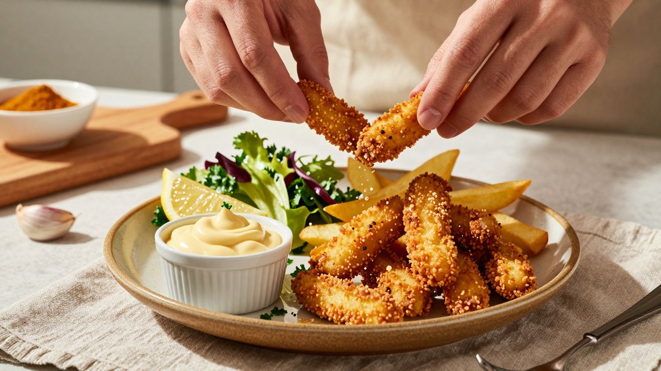 Mãos segurando palitos de frango panados num prato com batatas fritas, molho e salada.