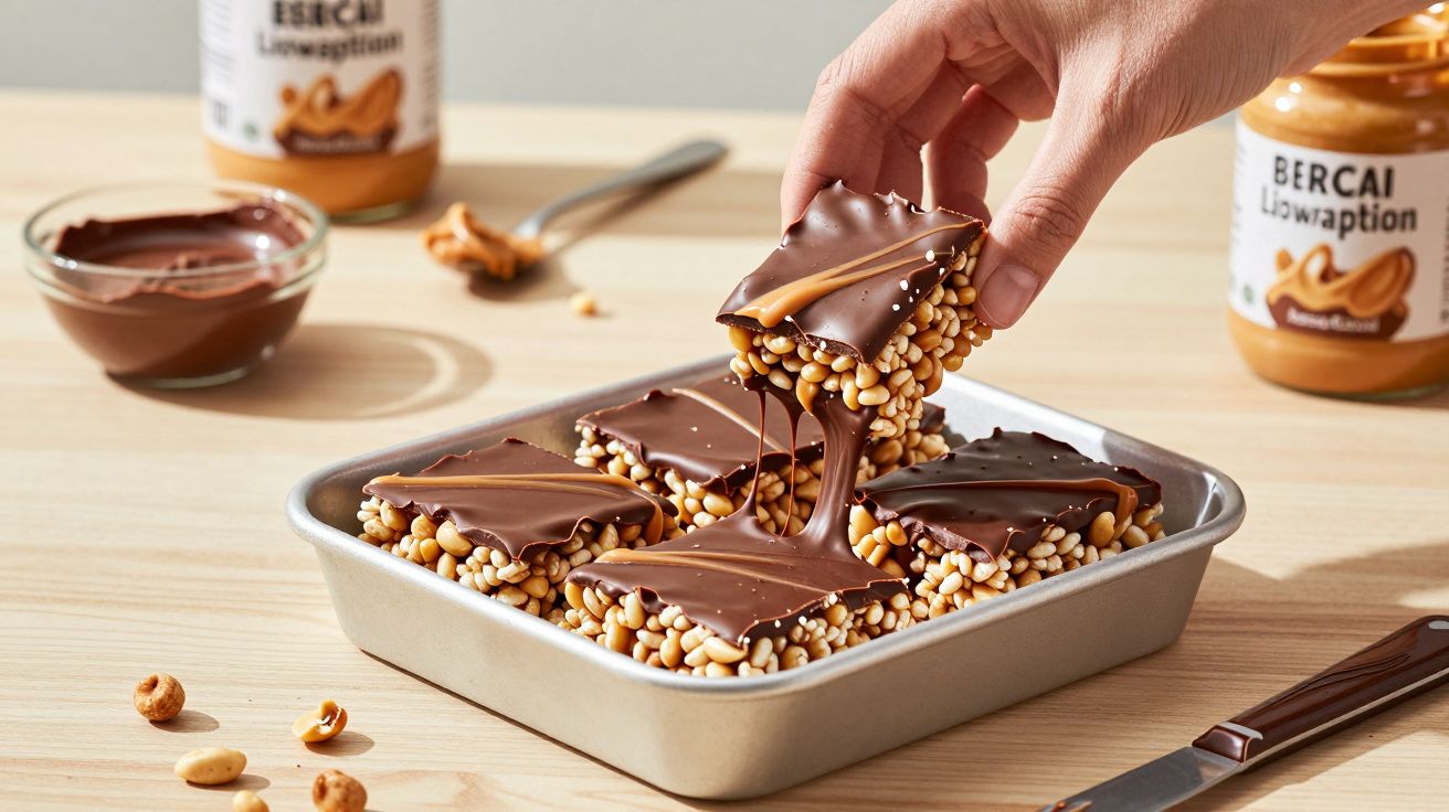 Mão a pegar num quadrado de chocolate com caramelo e arroz tufado numa forma metálica sobre a mesa de madeira.