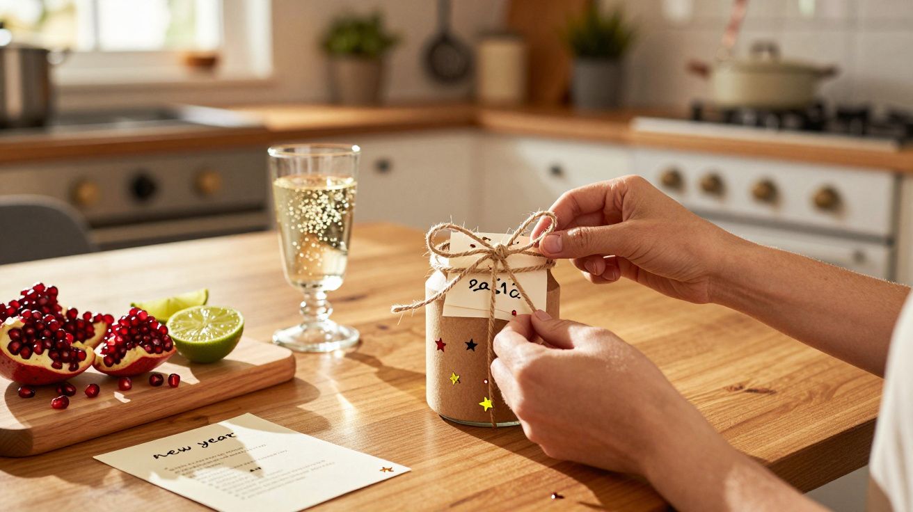 Mãos amarrando um frasco decorado com estrelas, próximo a romãs, limão e um copo de espumante numa cozinha iluminada.