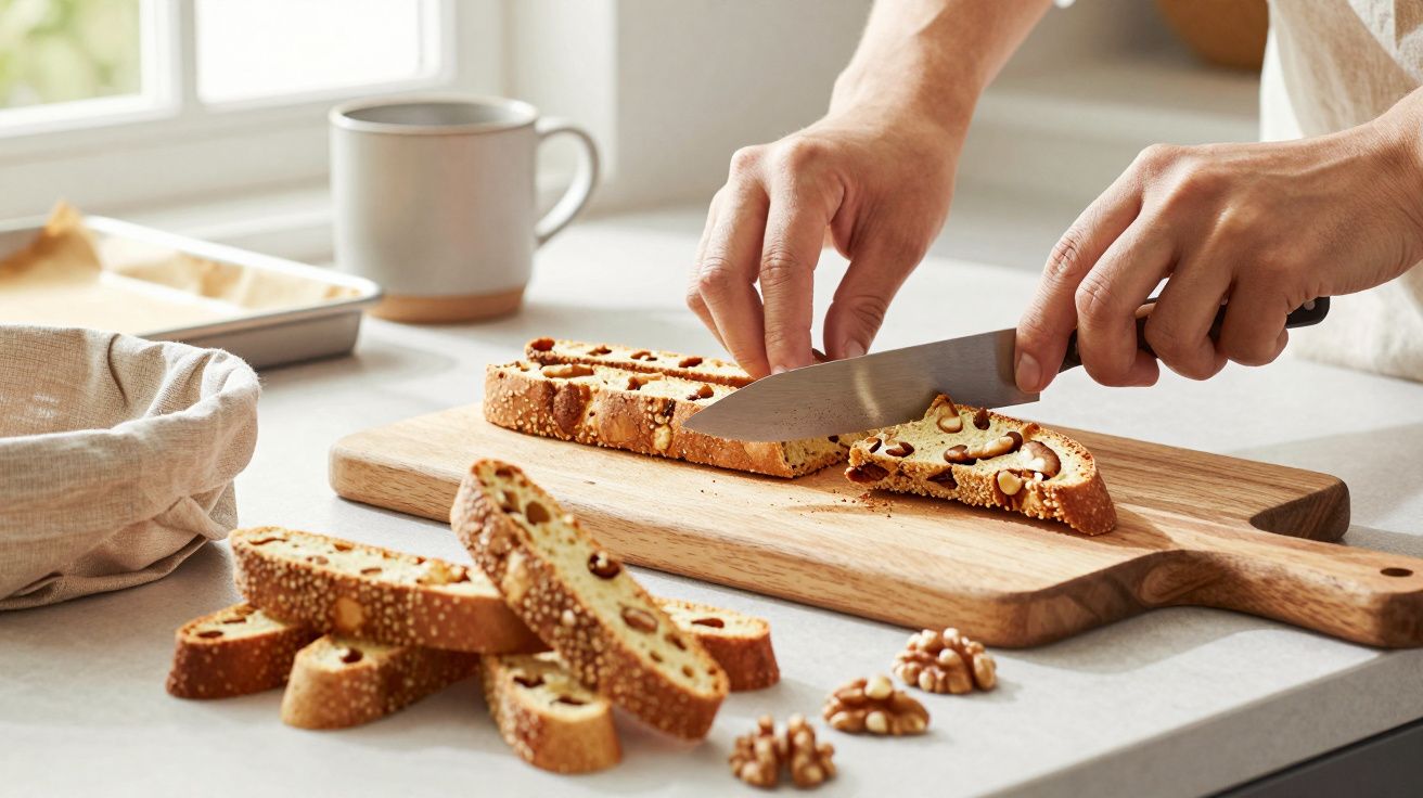 Pessoa a fatiar pão com nozes numa tábua de madeira ao lado de uma chávena e nozes.
