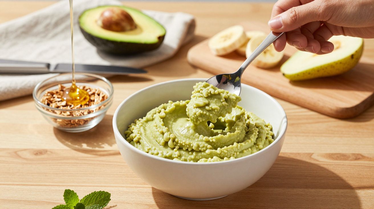 Mão segurando uma colher de puré de abacate numa tigela, com abacate, mel e banana ao fundo em cima da mesa.