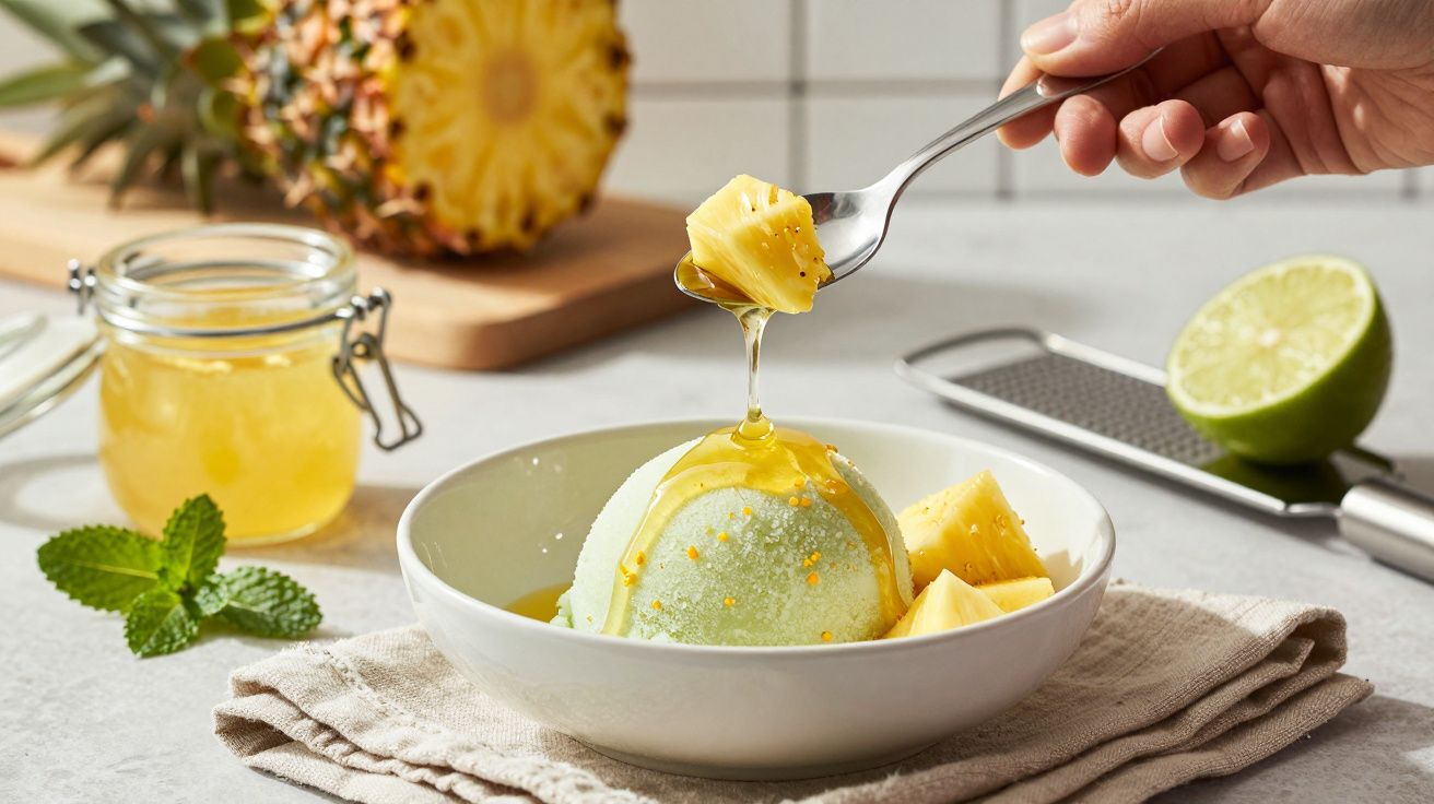 Taça com bolacha, abacaxi, gelado e mel; fundo com abacaxi, lima e mel. Mão segura colher com abacaxi.