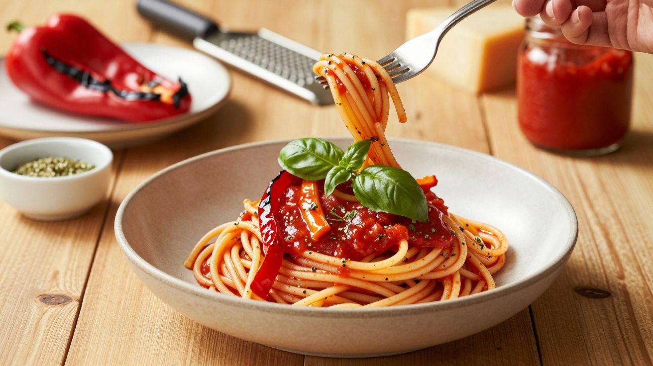 Esparguete com molho de tomate e pimentos, decorado com manjericão fresco, num prato sobre mesa de madeira.