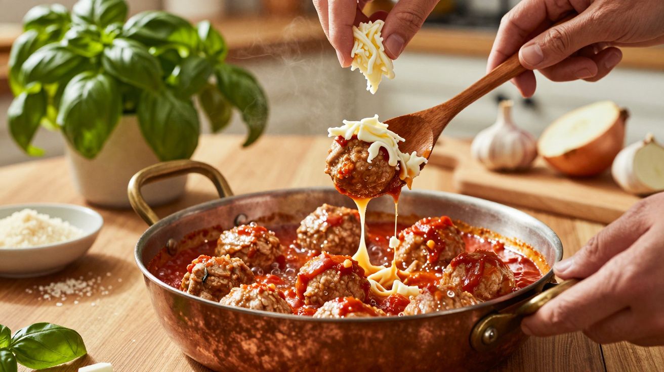 Almôndegas em molho de tomate numa panela de cobre, cobertas com queijo ralado derretido, num ambiente de cozinha.