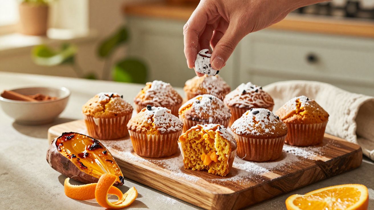 Muffins de laranja com cobertura de açúcar em pó em tábua de madeira, com uma mão adicionando mirtilos.