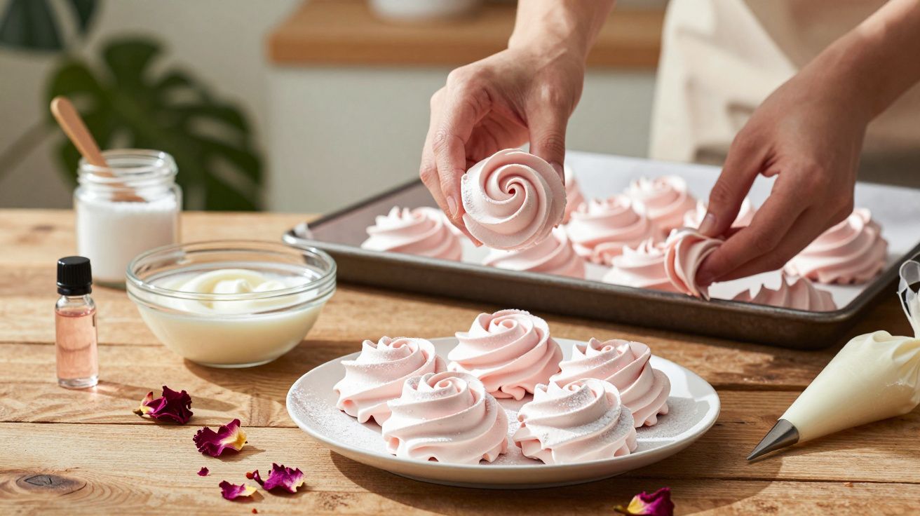 Mãos decoram suspiros cor-de-rosa em forma de rosa, num prato e numa bandeja, com ingredientes ao lado.