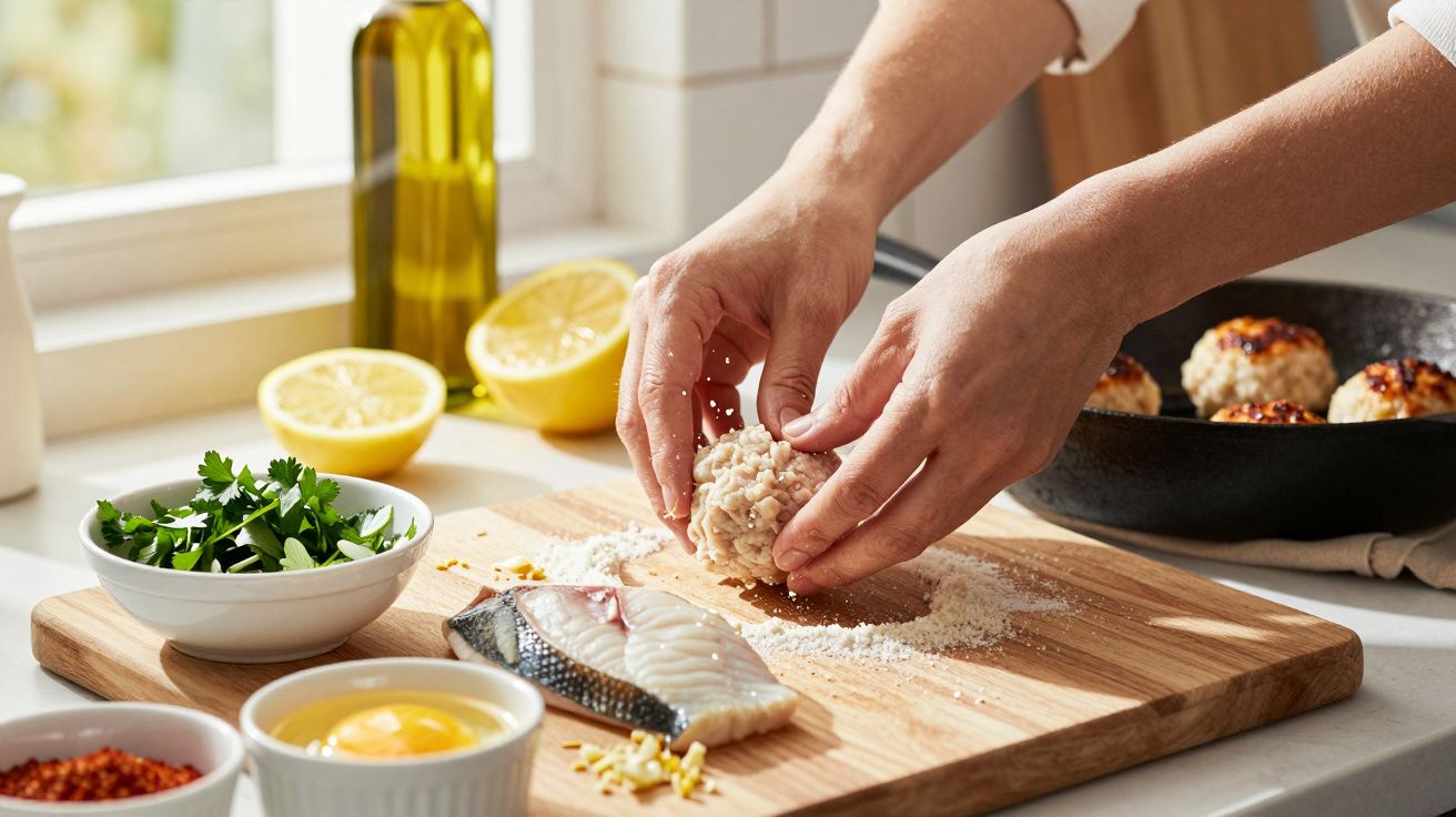 Pessoa a preparar almôndegas de peixe numa tábua, rodeada de ingredientes como limão, salsa e ovos na cozinha.