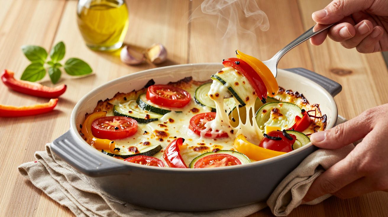 Travessa de legumes assados com queijo derretido, ao lado de azeite e manjericão, sobre uma mesa de madeira.