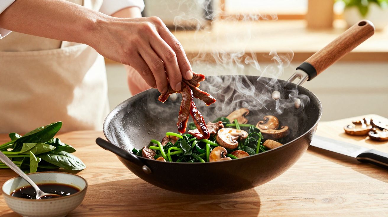 Pessoa a cozinhar vegetais e cogumelos numa frigideira wok com uma colher e tigela ao lado.