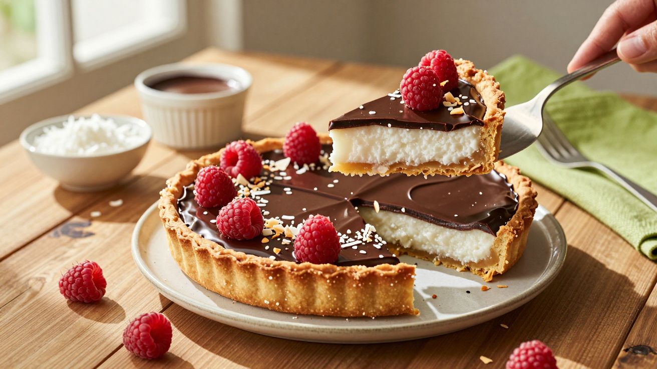 Tarte de chocolate e coco decorada com framboesas frescas, uma fatia a ser servida, em mesa rústica de madeira.