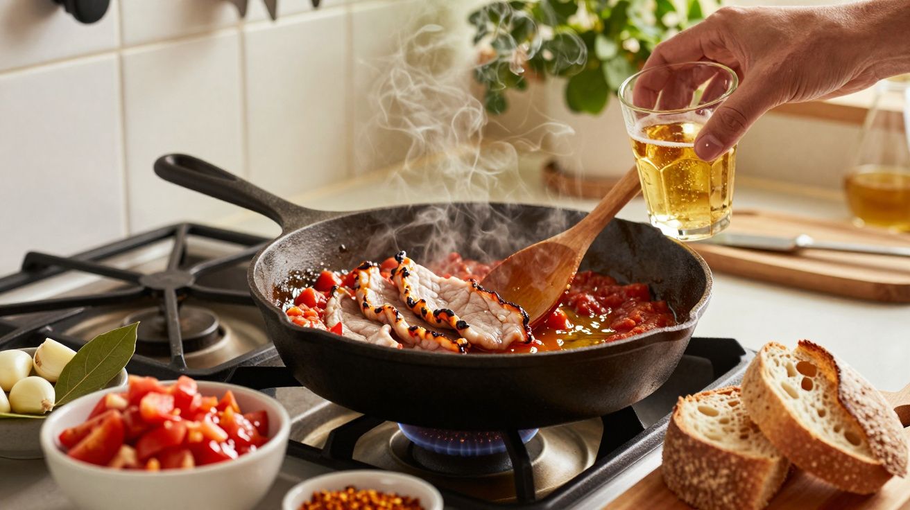 Mão adiciona líquido dourado a uma frigideira com carne e legumes ao lume. Pão fatiado e tigelas de lado.