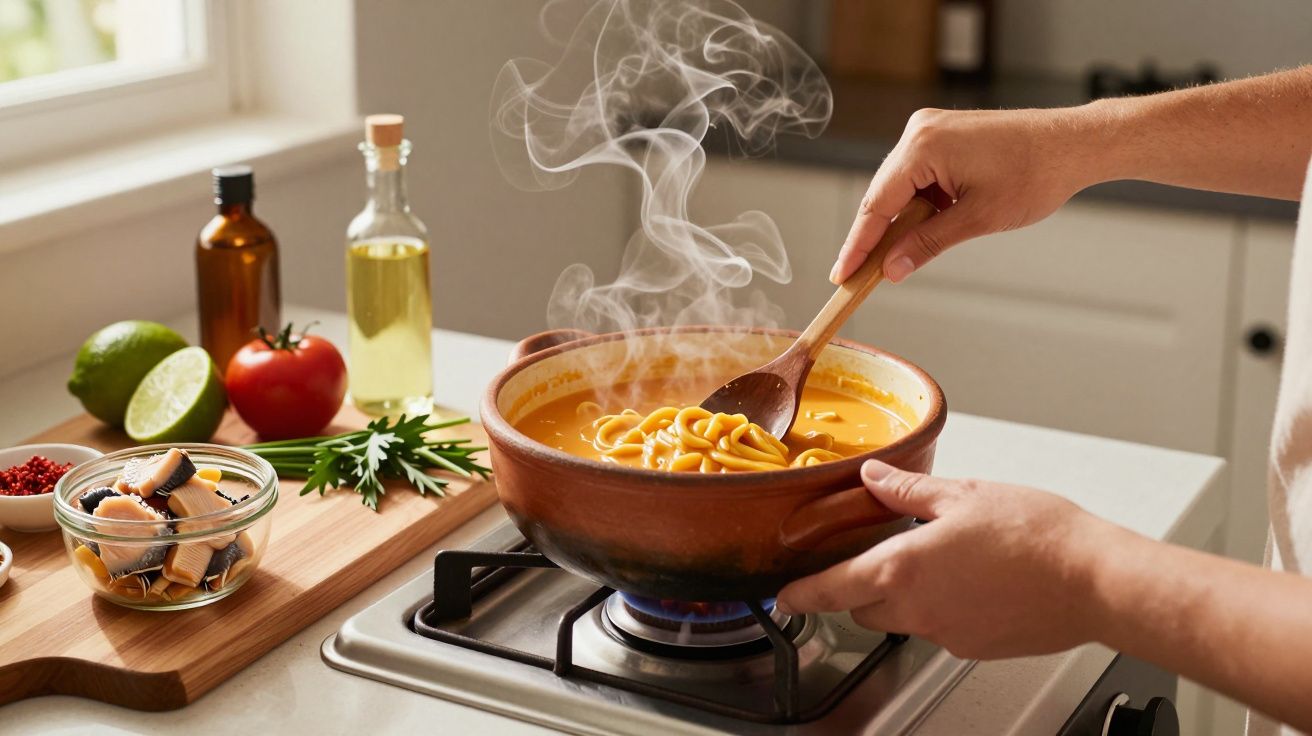 Pessoa cozinha massa numa panela de barro em fogão, com ingredientes frescos ao lado.