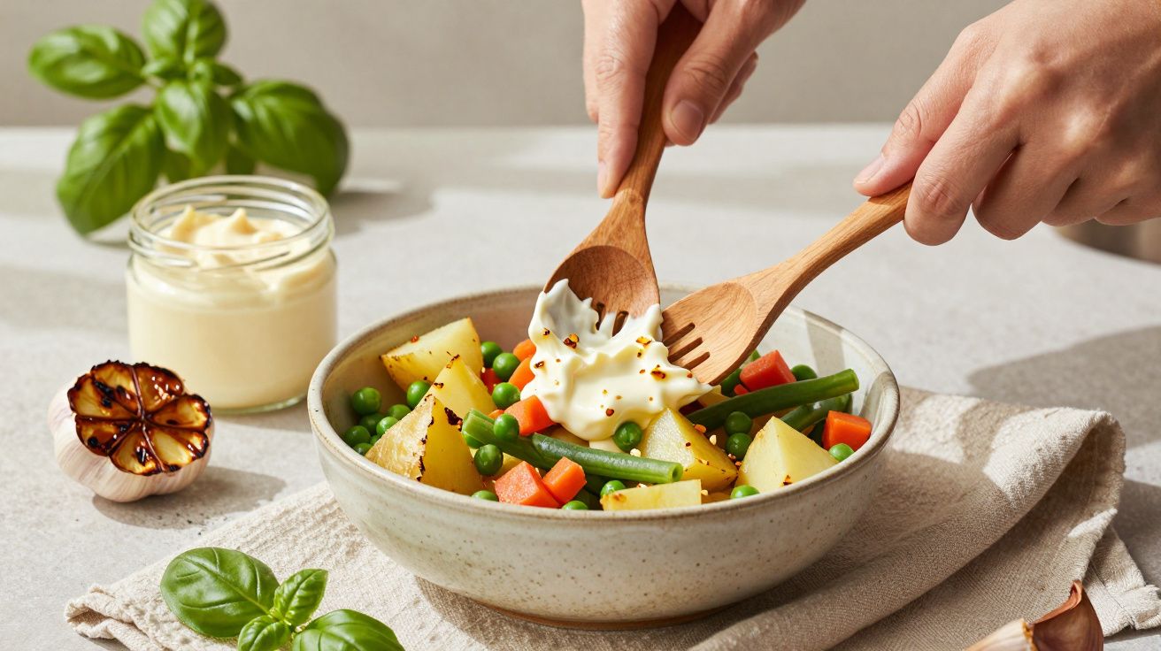 Mãos servindo salada de batata com ervilhas e cenouras, usando talheres de madeira, ao lado de um frasco de molho.