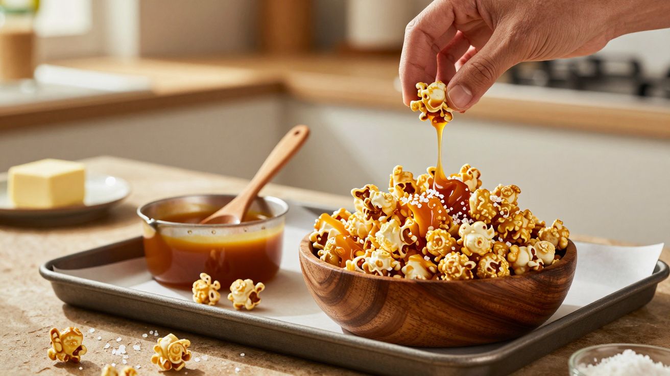 Mão a pegar em pipocas caramelizadas numa taça de madeira, com molho de caramelo ao lado numa cozinha.