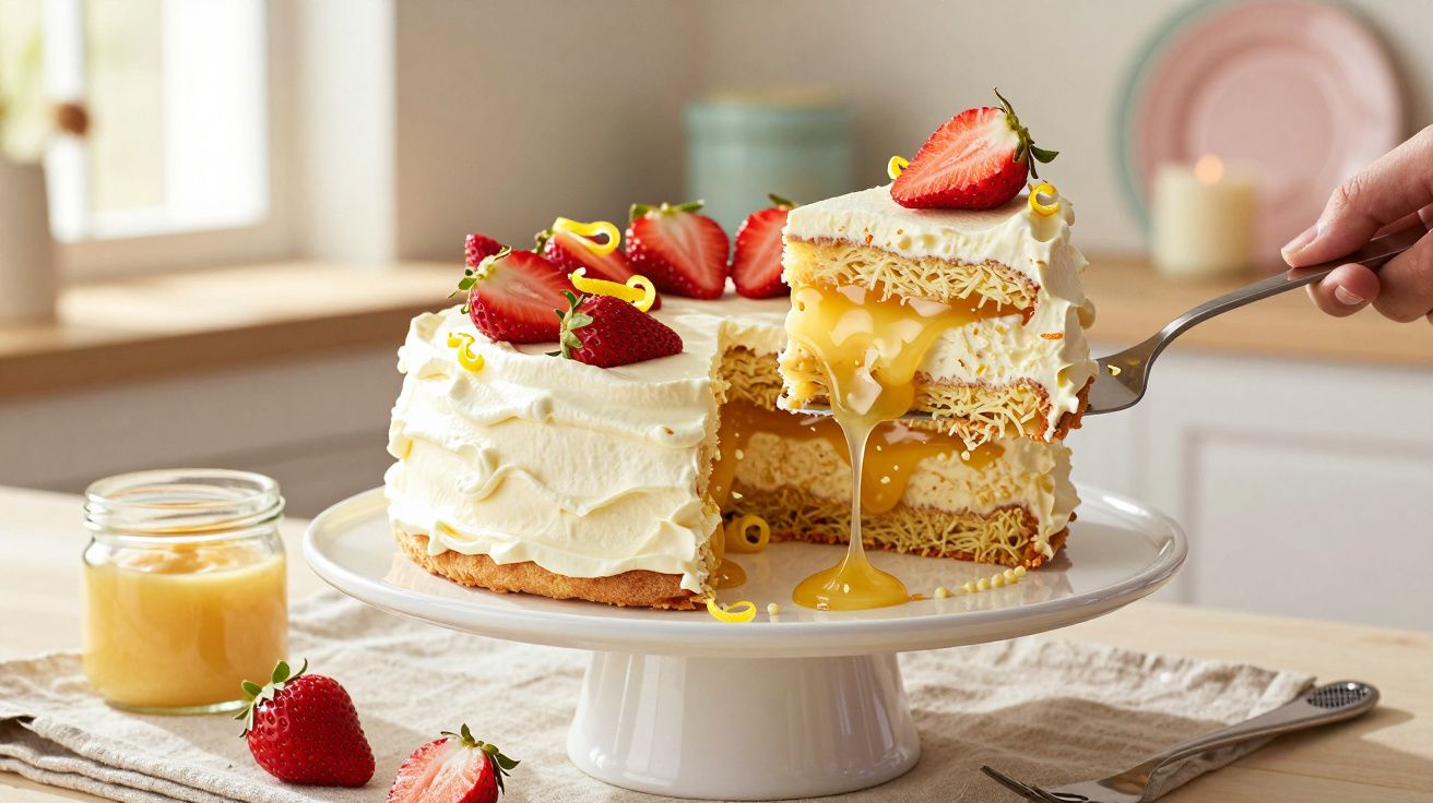 Bolo de chantilly com morangos e recheio de creme amarelo, servido numa travessa branca.