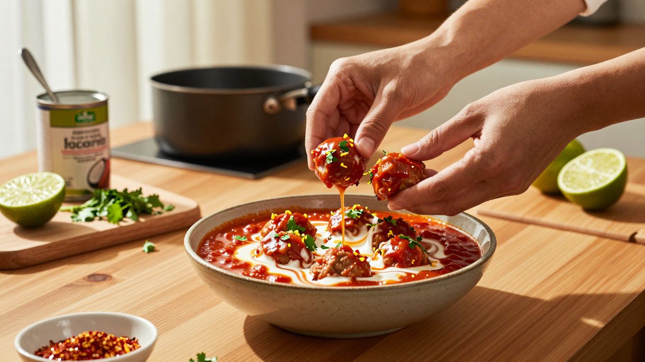 Pessoa a colocar almôndegas num prato de sopa vermelha com natas. Ingredientes variados em volta na bancada.