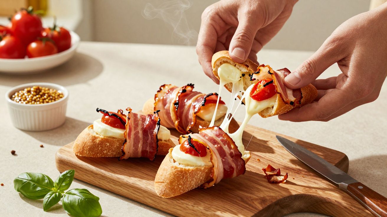 Mãos segurando baguete com queijo derretido, tomate e bacon; tábua de madeira e ingredientes ao fundo.