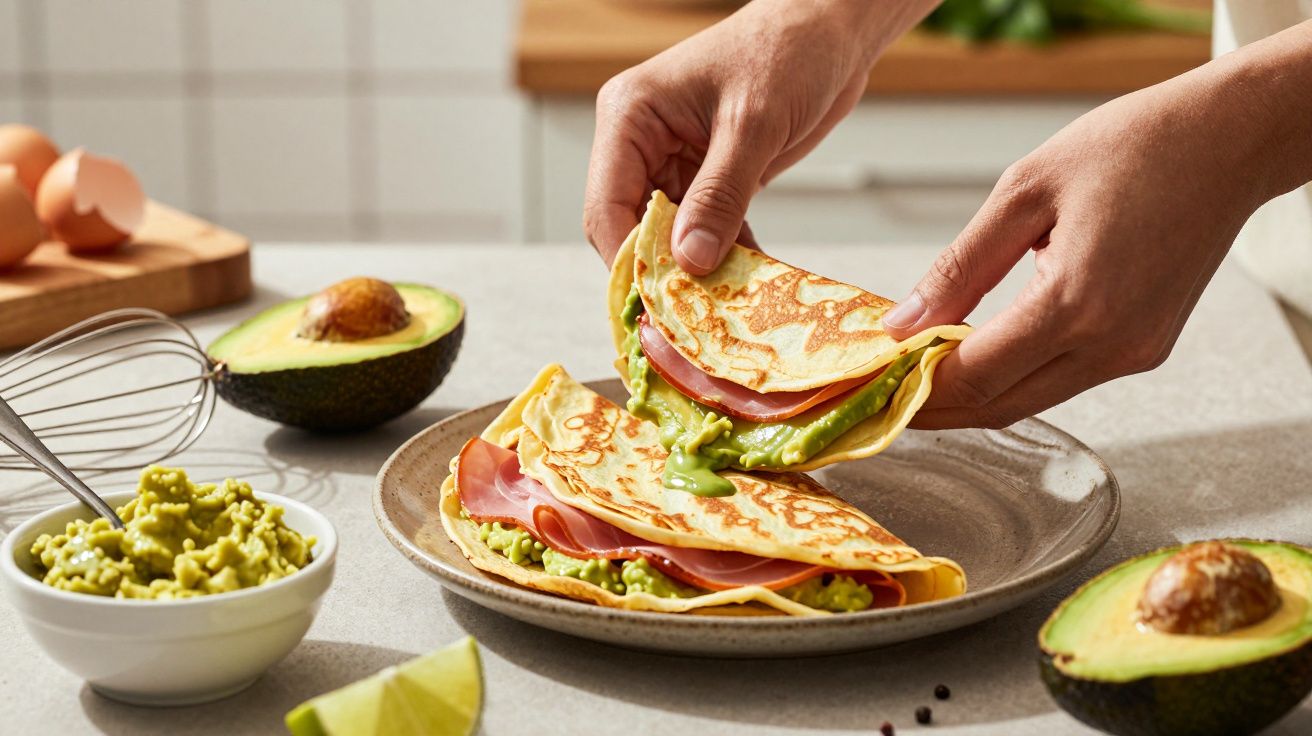 Mãos segurando crepes recheados com abacate, presunto e queijo, num prato ao lado de abacates e uma tigela com guacamole.