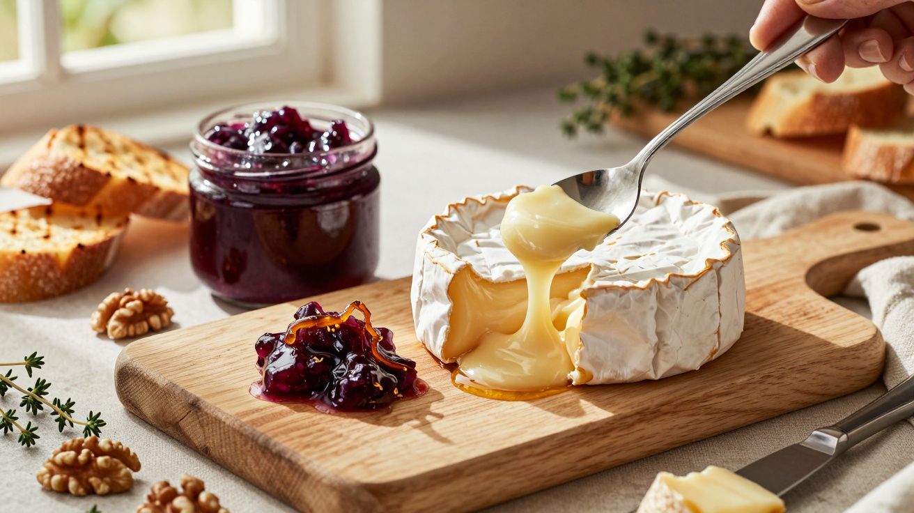 Queijo derretido numa tábua com compota de frutos vermelhos e tostas ao fundo.