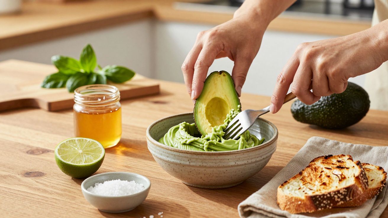 Mãos esmagando abacate com um garfo numa tigela, ao lado de lima, mel e pão tostado.