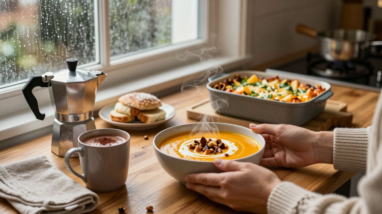 Pessoa servindo sopa quente numa cozinha acolhedora com café, bolinhos e chuva na janela.