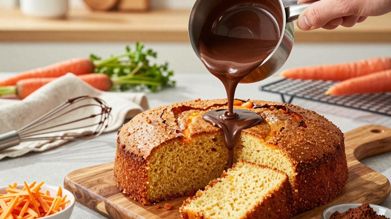 Bolo de cenoura com cobertura de chocolate a ser vertida por cima, rodeado por cenouras e utensílios de cozinha.