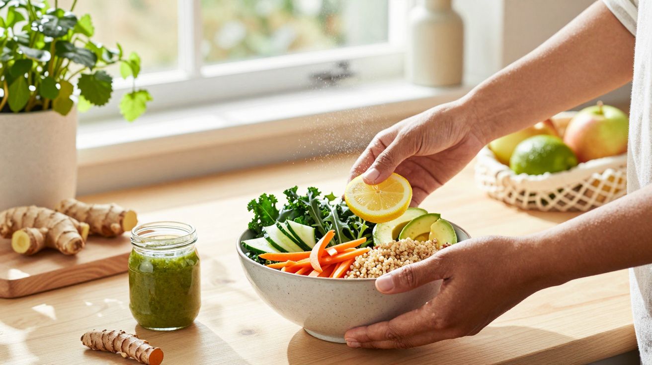 Pessoa espreme limão sobre uma tigela de salada com quinoa, abacate e vegetais em bancada de cozinha iluminada pelo sol.