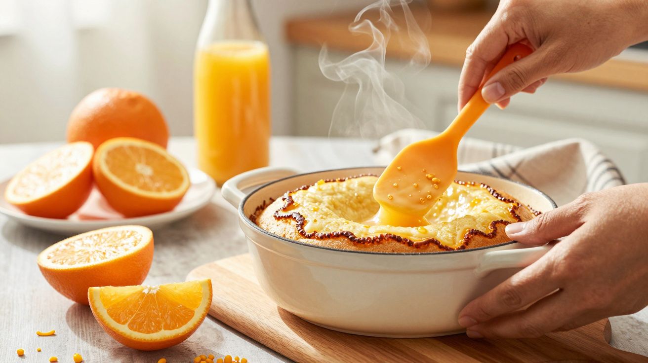 Pessoa serve prato dourado numa tigela, com laranjas frescas e sumo ao fundo numa cozinha iluminada.