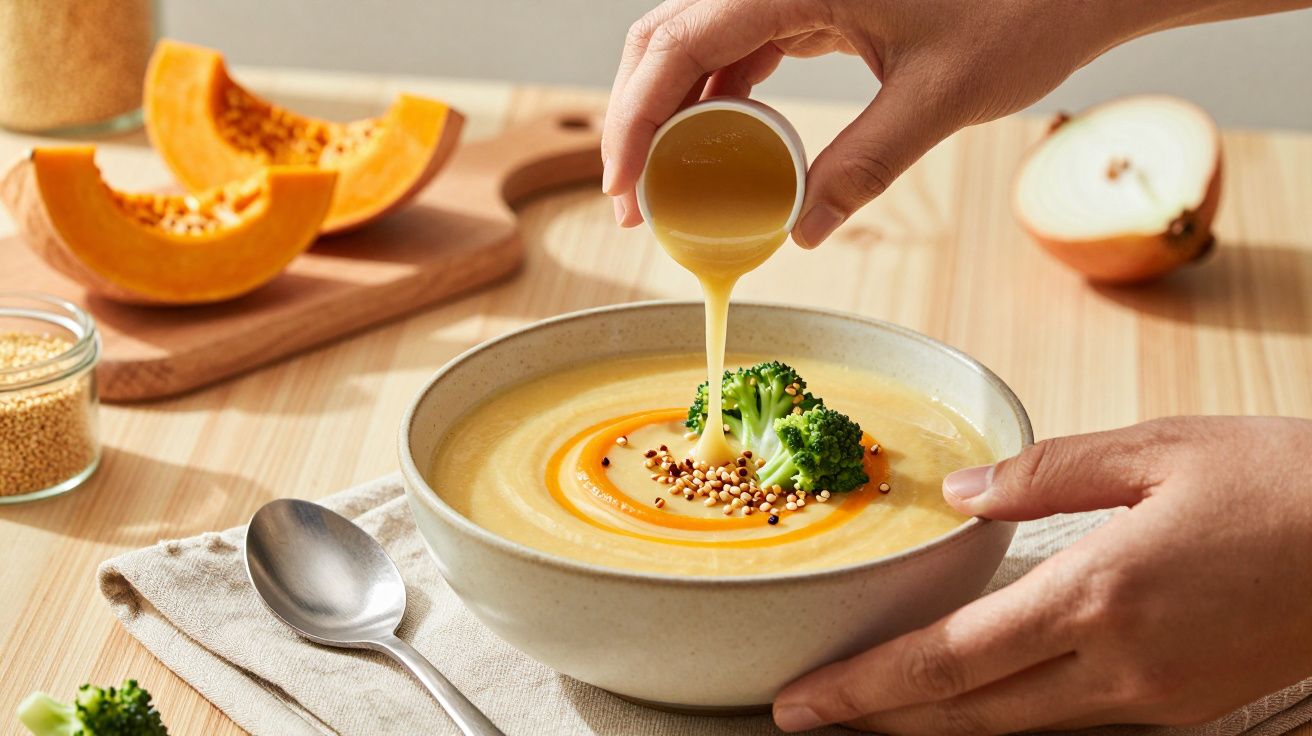 Mão vertendo creme em sopa de abóbora, guarnecida com brócolos, sementes, em mesa de madeira com abóbora e cebola ao fundo.