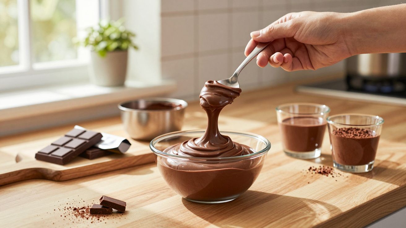 Mão segurando colher com creme de chocolate numa taça de vidro, rodeada por barras de chocolate e ingredientes.