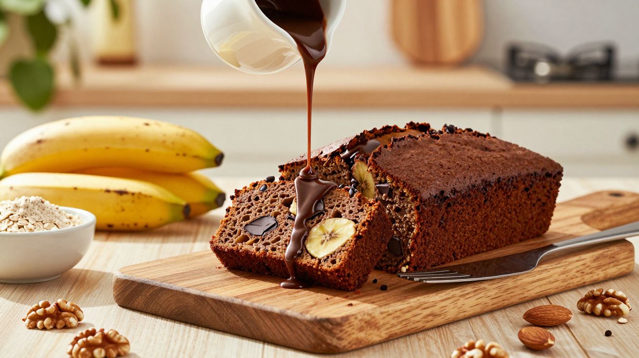Bolo de chocolate e banana fatiado, coberto com calda de chocolate, sobre tábua de madeira. Bananas e nozes ao fundo.