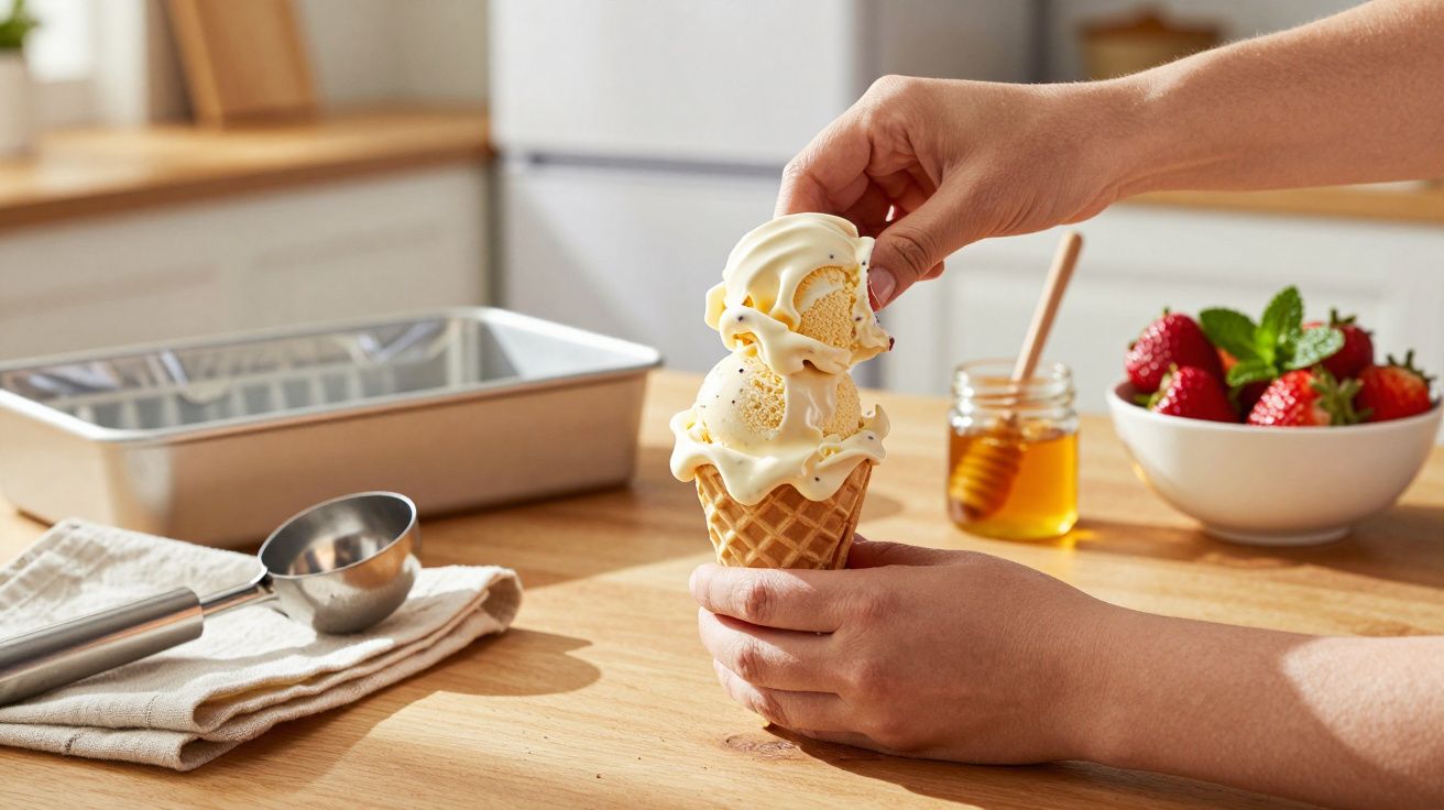 Pessoa a servir gelado em cone, com taça de frutas e mel no fundo.