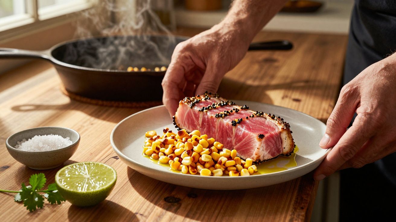 Pessoa posiciona prato com atum selado e milho numa bancada de madeira.