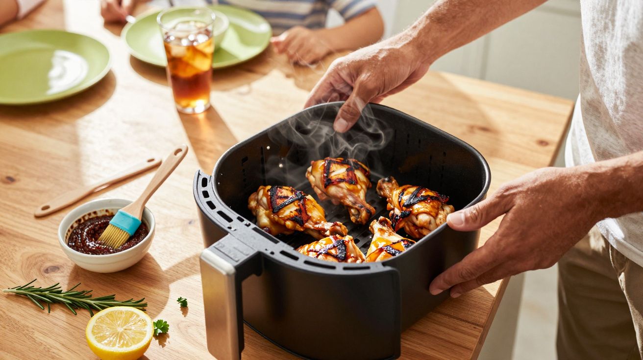 Mãos seguram fritadeira com coxas de frango grelhadas. Mesa com molho, limão e copo de chá ao fundo.