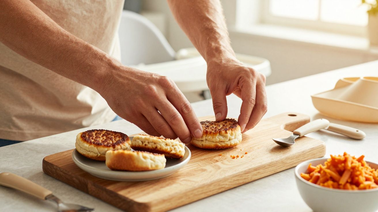 Pessoa a preparar hambúrgueres em pão numa bancada de cozinha com talheres.