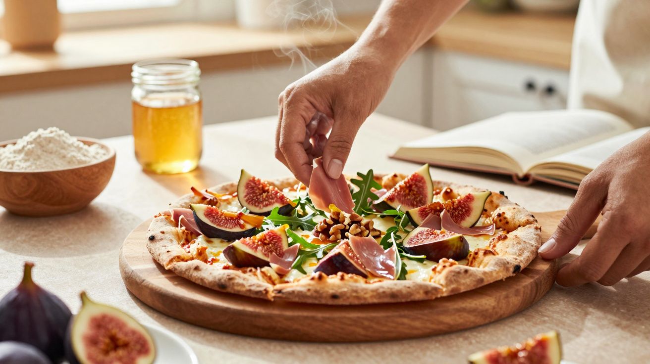Pessoa a decorar uma pizza com figos e rúcula numa cozinha. Há um livro aberto e ingredientes ao fundo.