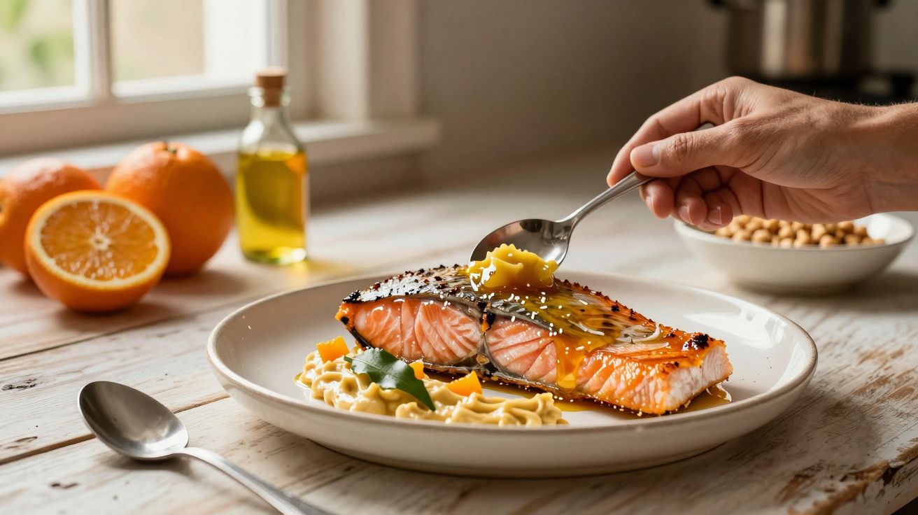 Prato de salmão grelhado com laranja e massa, sendo servido numa mesa de madeira com uma garrafa de azeite ao fundo.