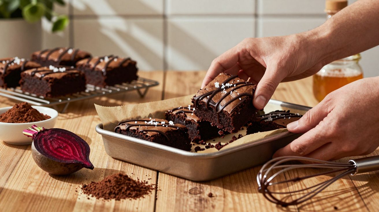 Mãos a retirar brownie de tabuleiro com cobertura de chocolate, beterraba e cacau em pó na mesa de madeira na cozinha.