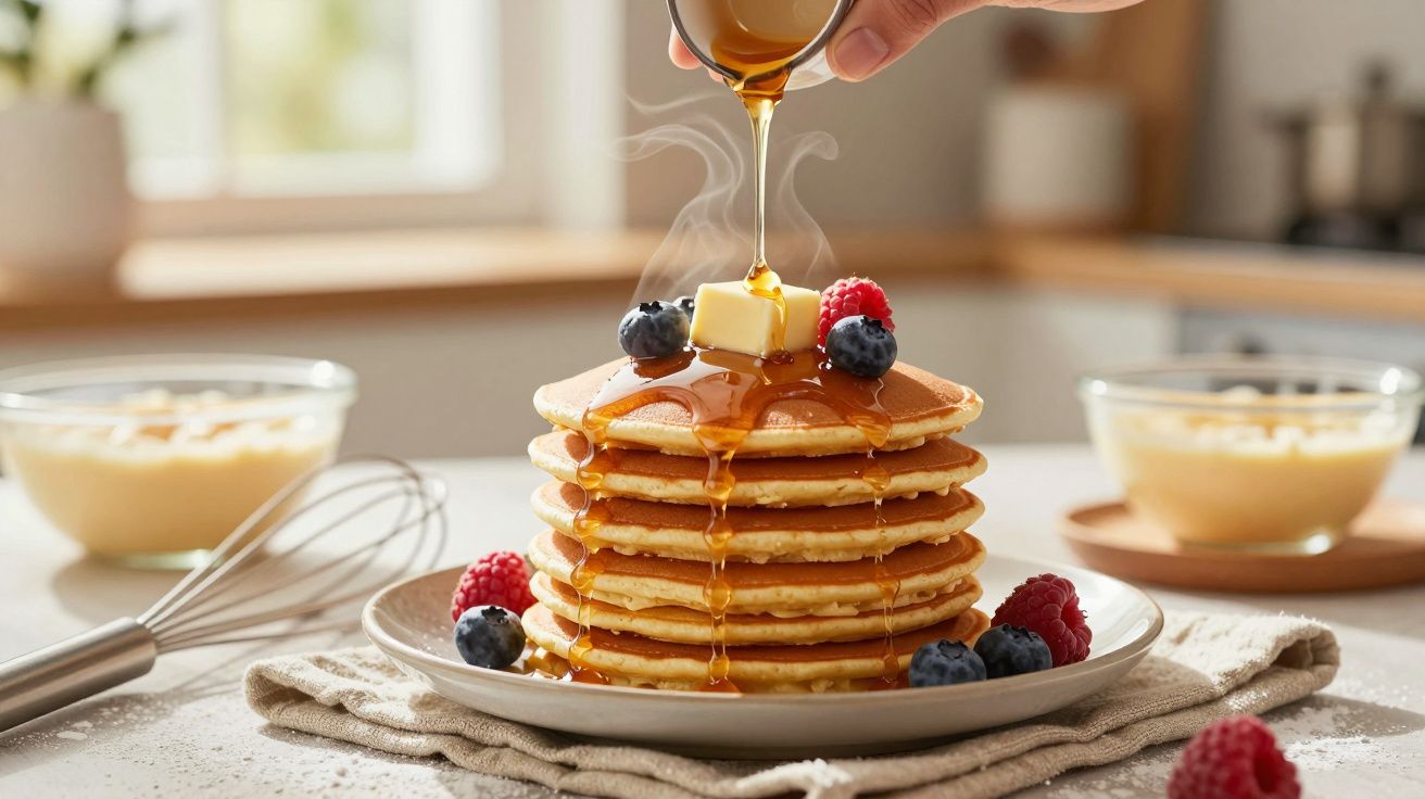 Panquecas empilhadas com manteiga derretida, frutas e xarope a ser vertido, em cozinha iluminada.