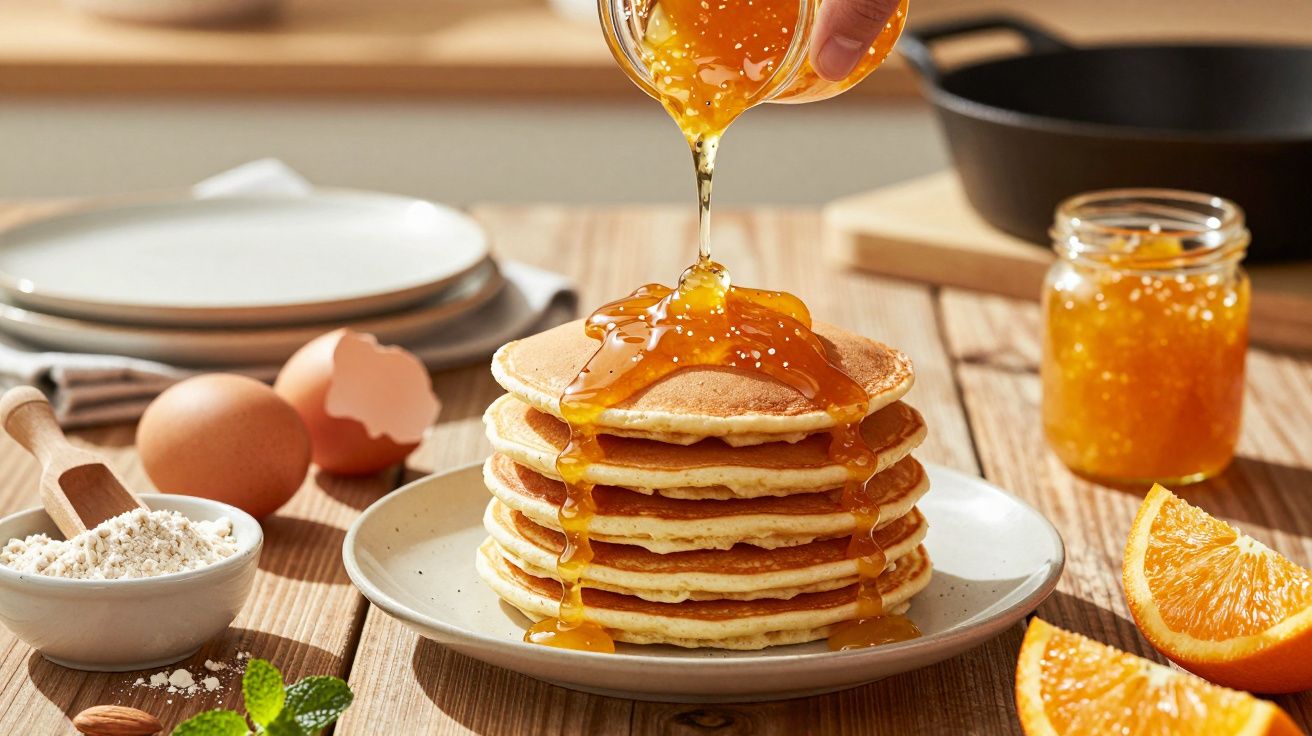 Panquecas empilhadas cobertas com xarope dourado, rodeadas por laranjas cortadas e ingredientes de cozinha.