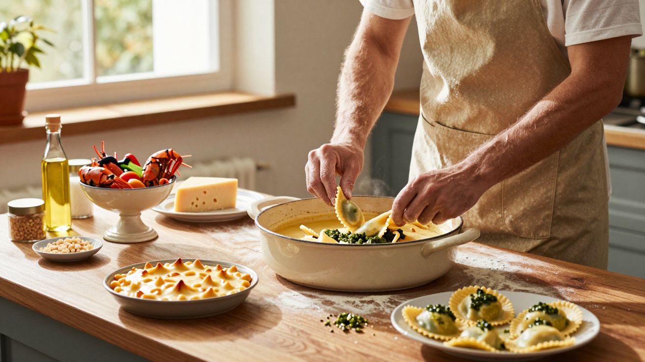 Homem preparando raviolis em cozinha, com ingredientes frescos e travessas ao redor, em bancada de madeira iluminada.