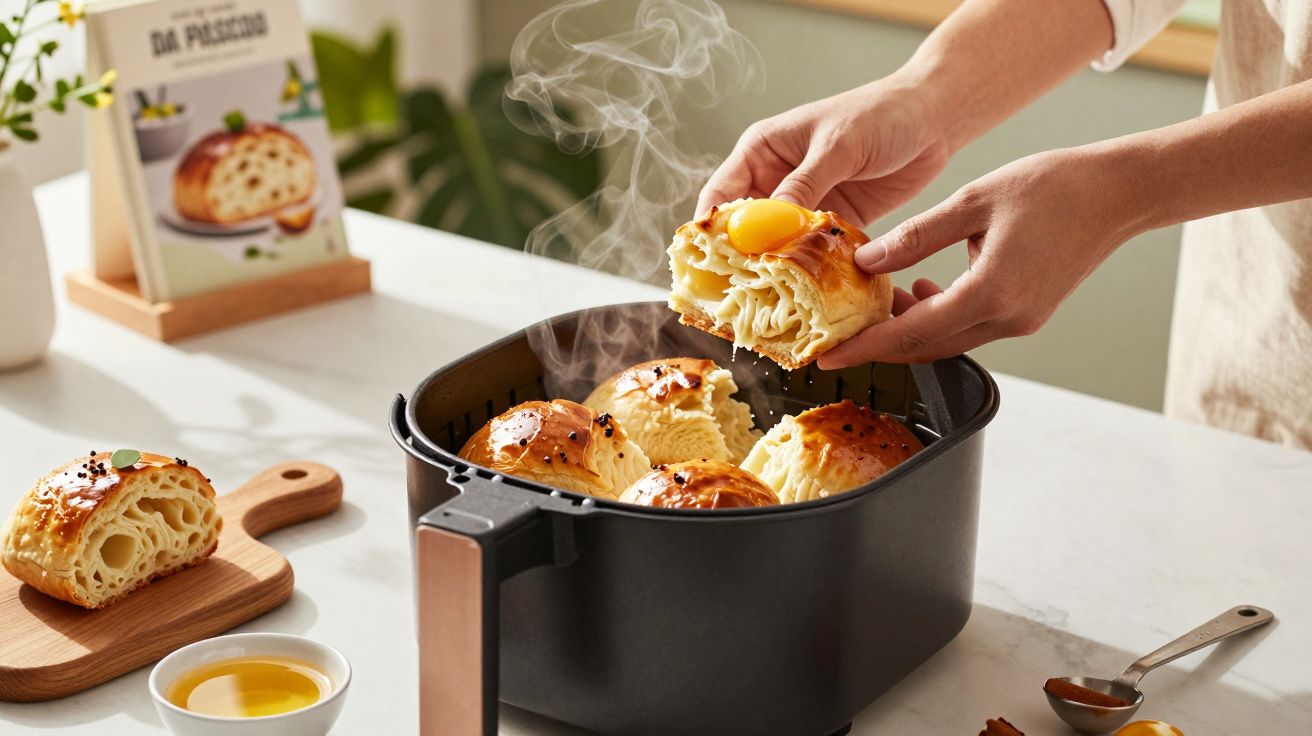 Mãos retiram massa folhada de uma fritadeira a ar; ao lado, prato com outra porção.