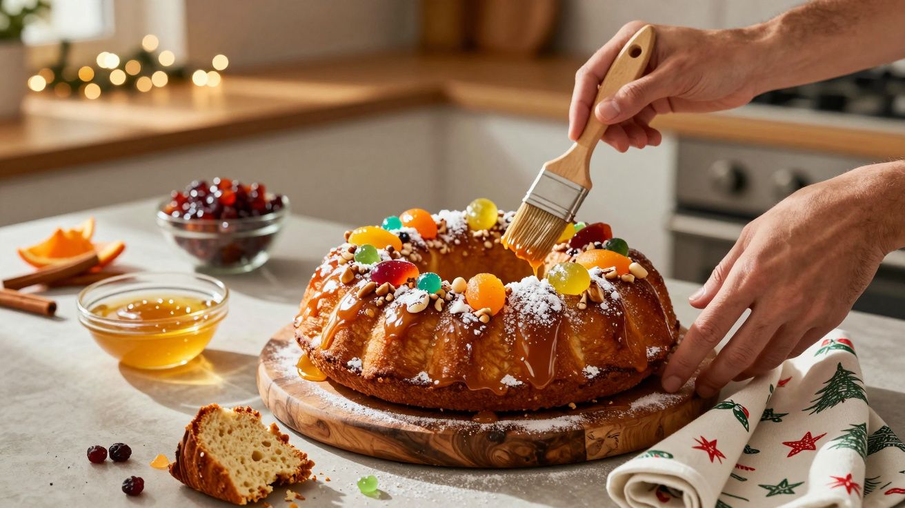 Mãos decoram bolo com frutas e glacé na cozinha, rodeado por mel, frutas secas e guardanapo natalício.