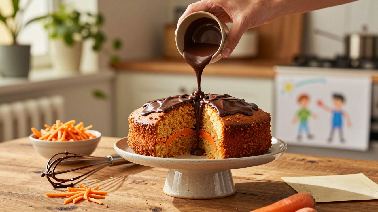 Bolo de cenoura coberto com calda de chocolate sendo servido numa cozinha iluminada.