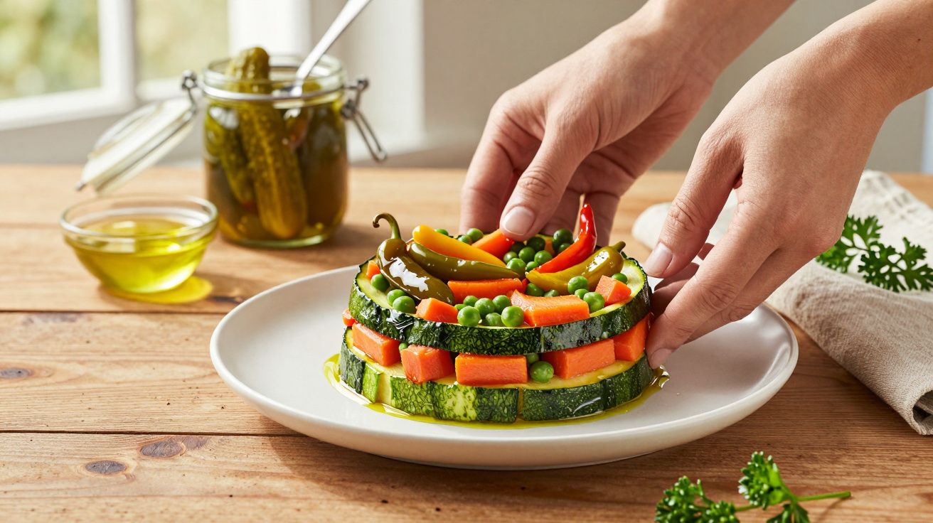 Mãos ajustando vegetal no prato decorativo com pimentos, cenouras, ervilhas e curgete sobre mesa de madeira.