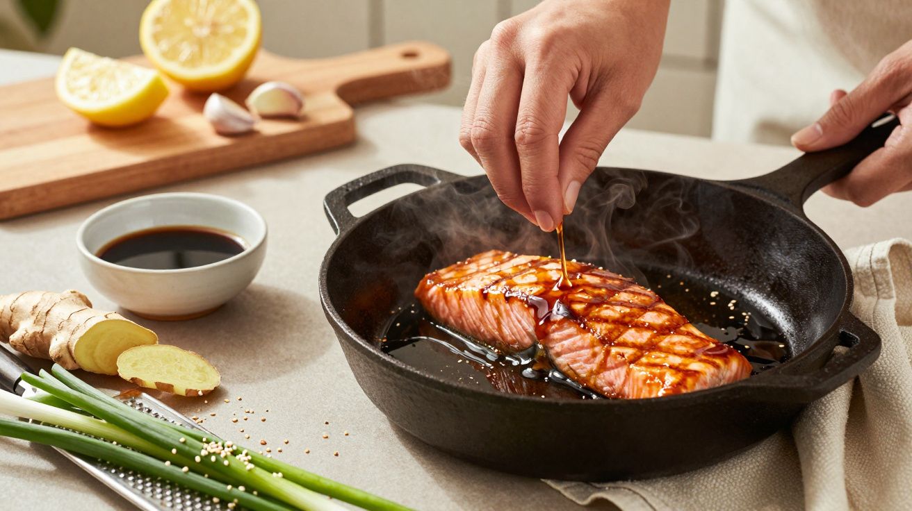 Pessoa a preparar salmão numa frigideira de ferro com molho. Ingredientes ao lado: limão, alho, gengibre, cebolinho.