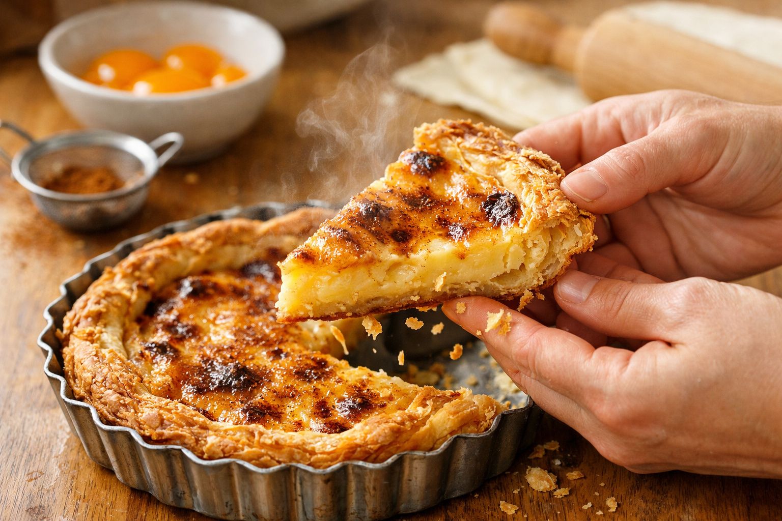 Mãos seguram fatia de tarte cremosa e fumegante, ao lado de ingredientes e forno ao fundo.