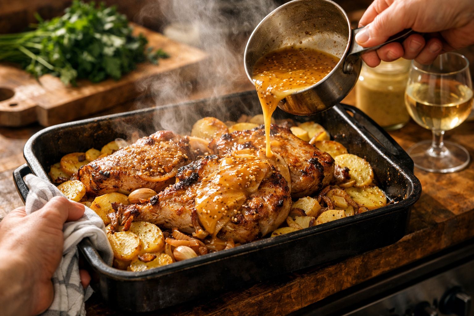 Carne grelhada com molho a ser vertido sobre sementes e batatas assadas numa travessa metálica.