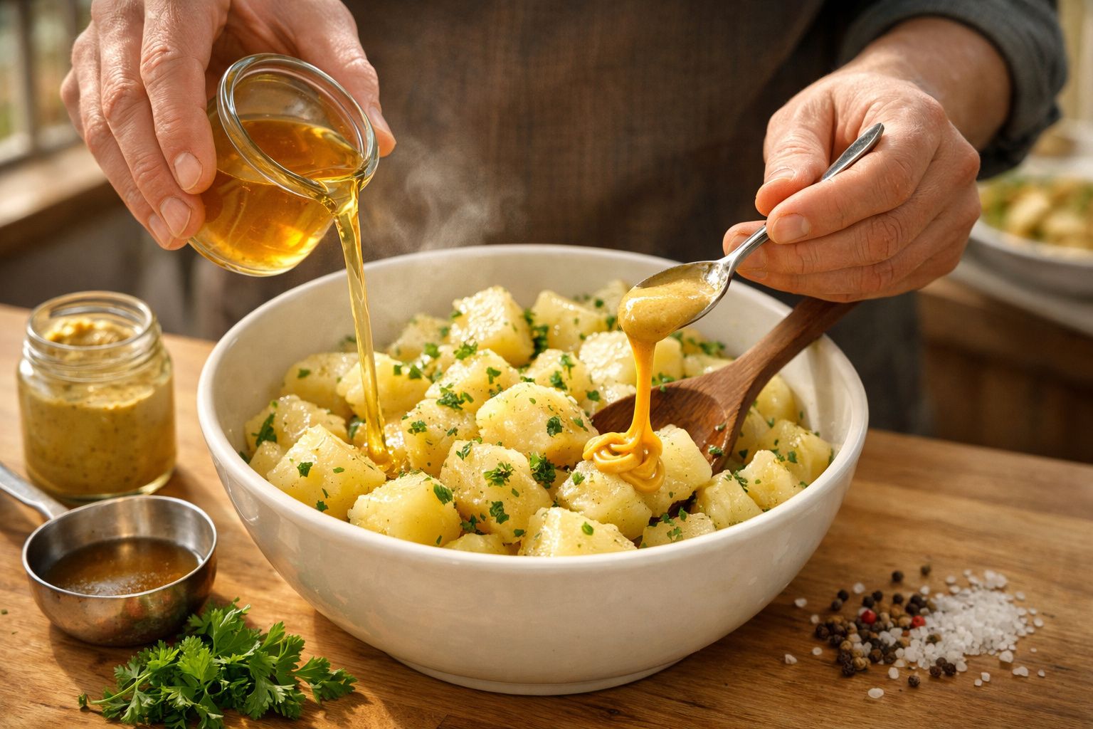 Mãos a temperar batatas cozidas com molho, num ambiente de cozinha acolhedor.
